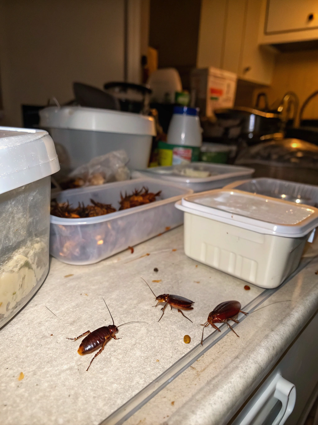 Cockroaches infesting an apartment kitchen and shared plumbing pipes
