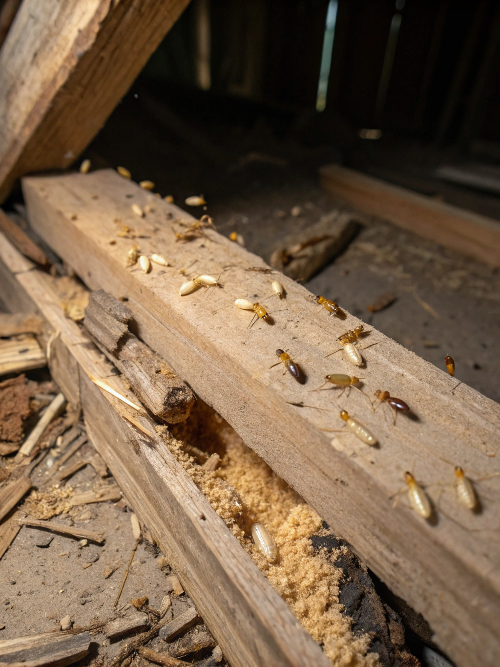 Termite damage and colony tunnels on shared multi-family structural framing