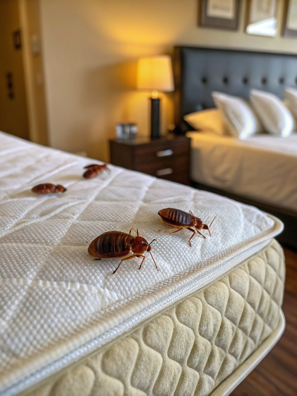 Bed bugs clustered on apartment mattress seam and headboard