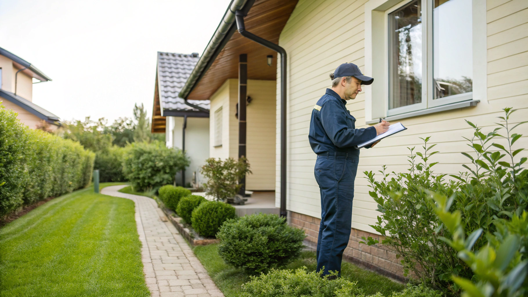 Professional pest control technician conducting a property inspection