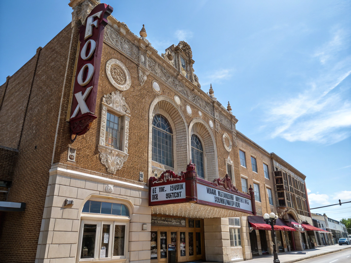 Historic downtown Fullerton California street scene featuring the Fox Theatre marquee