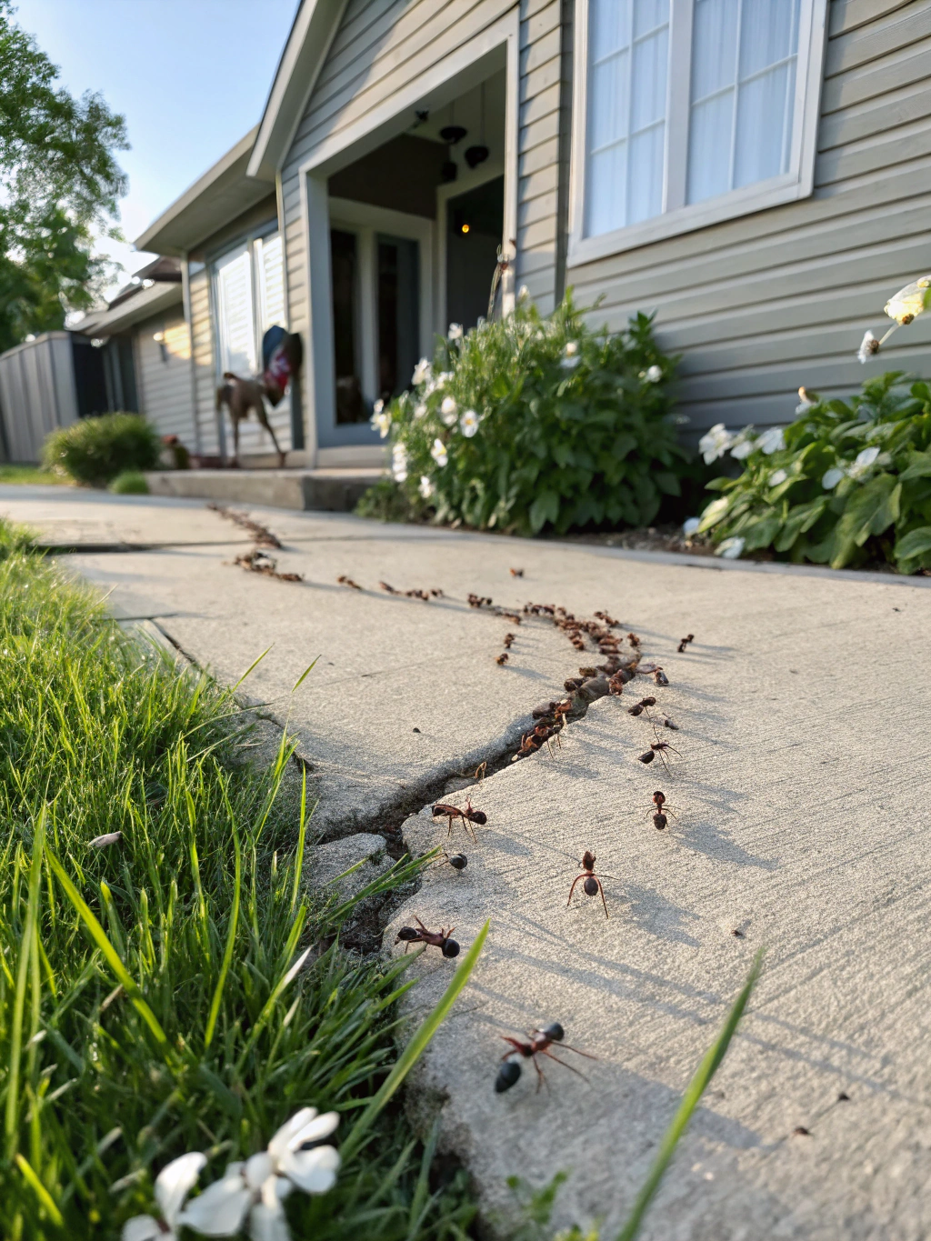 Ant trail tracking along apartment courtyard landscaping and perimeter wall