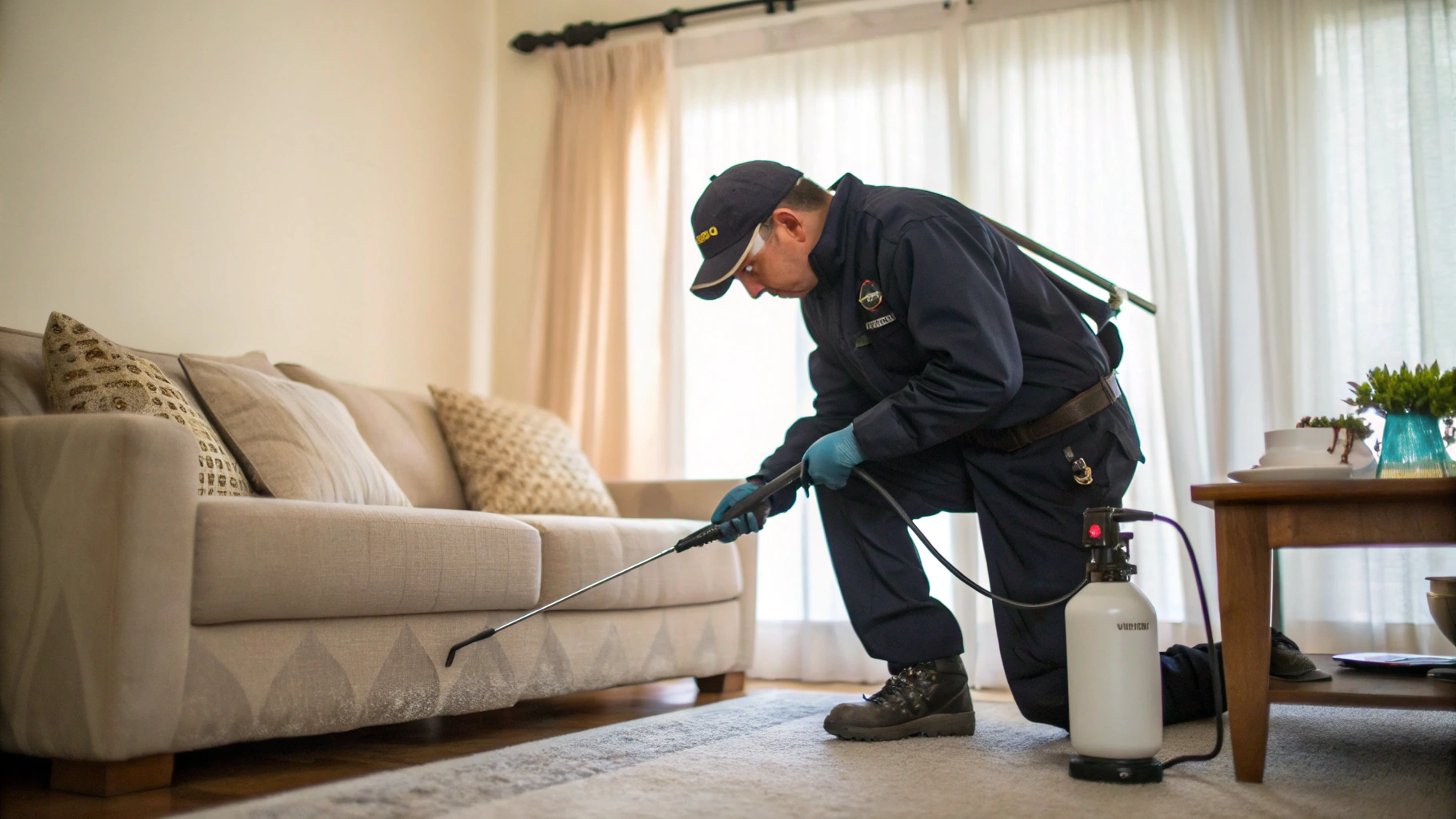 Pest control technician performing professional treatment work