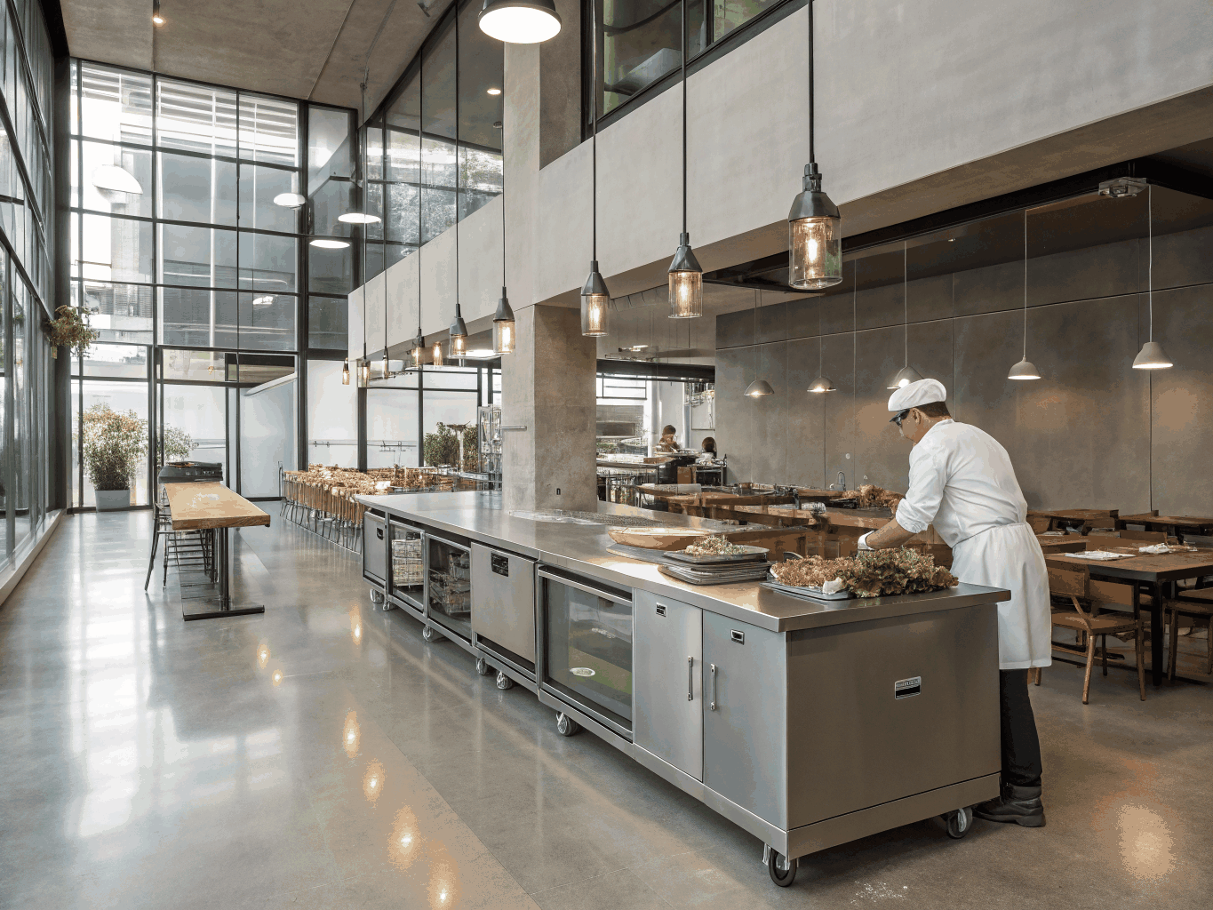 Spotless commercial restaurant kitchen prep line