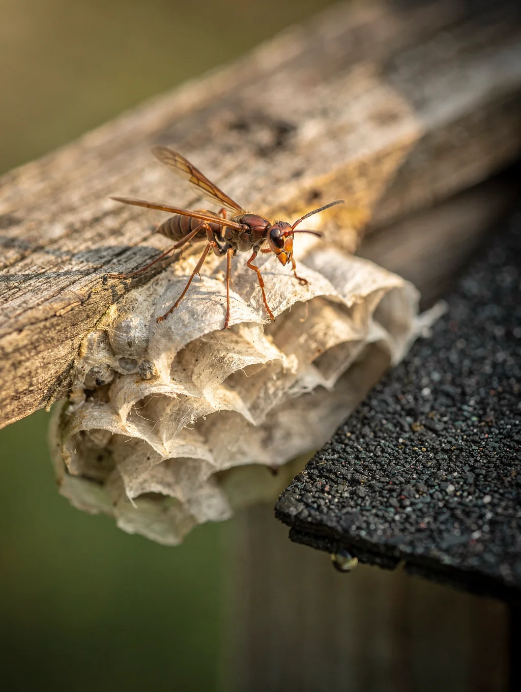 Wasp nest developing beneath apartment balcony railings and exterior eaves