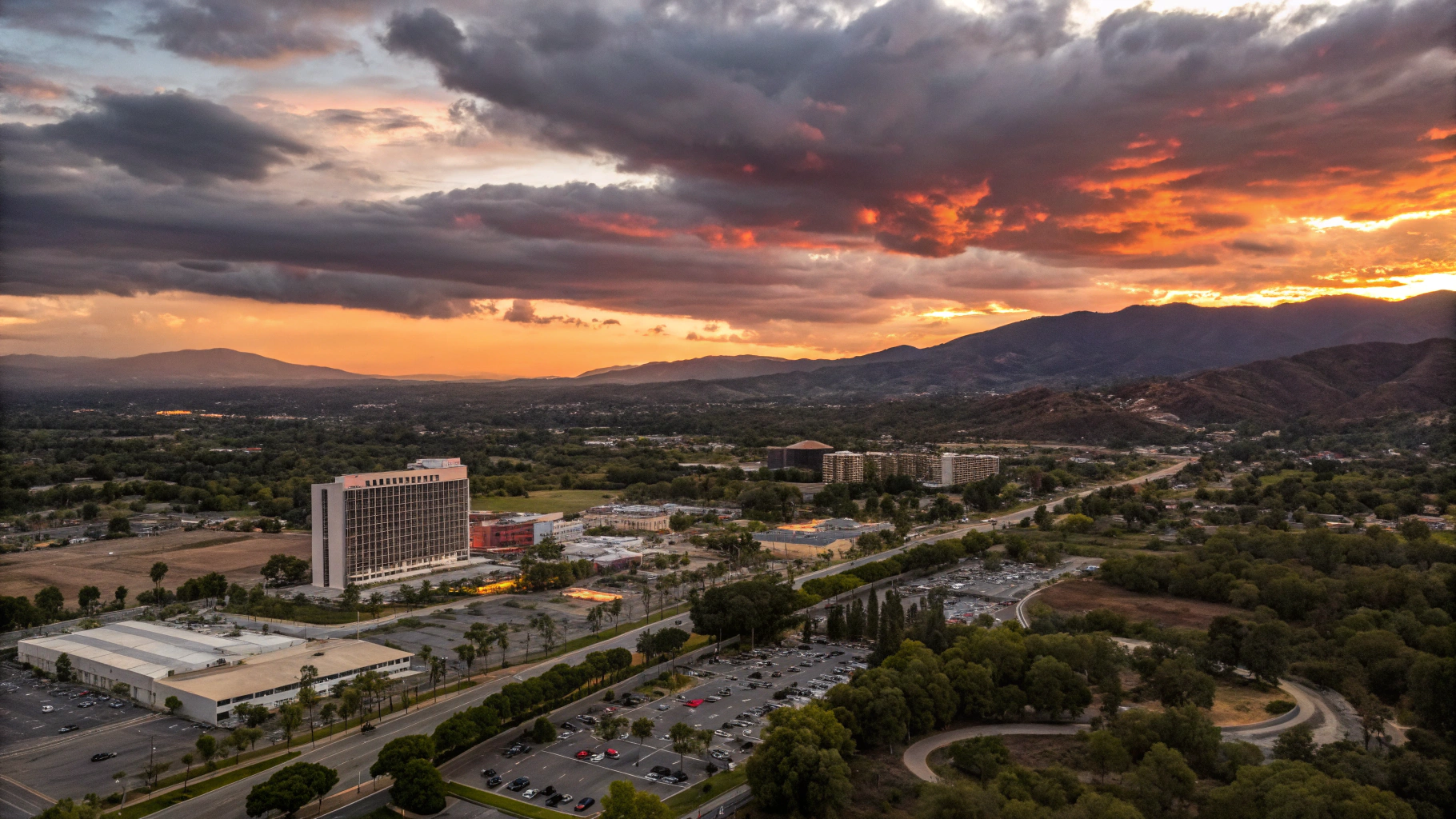 Corona, California cityscape and surrounding hillside landscape