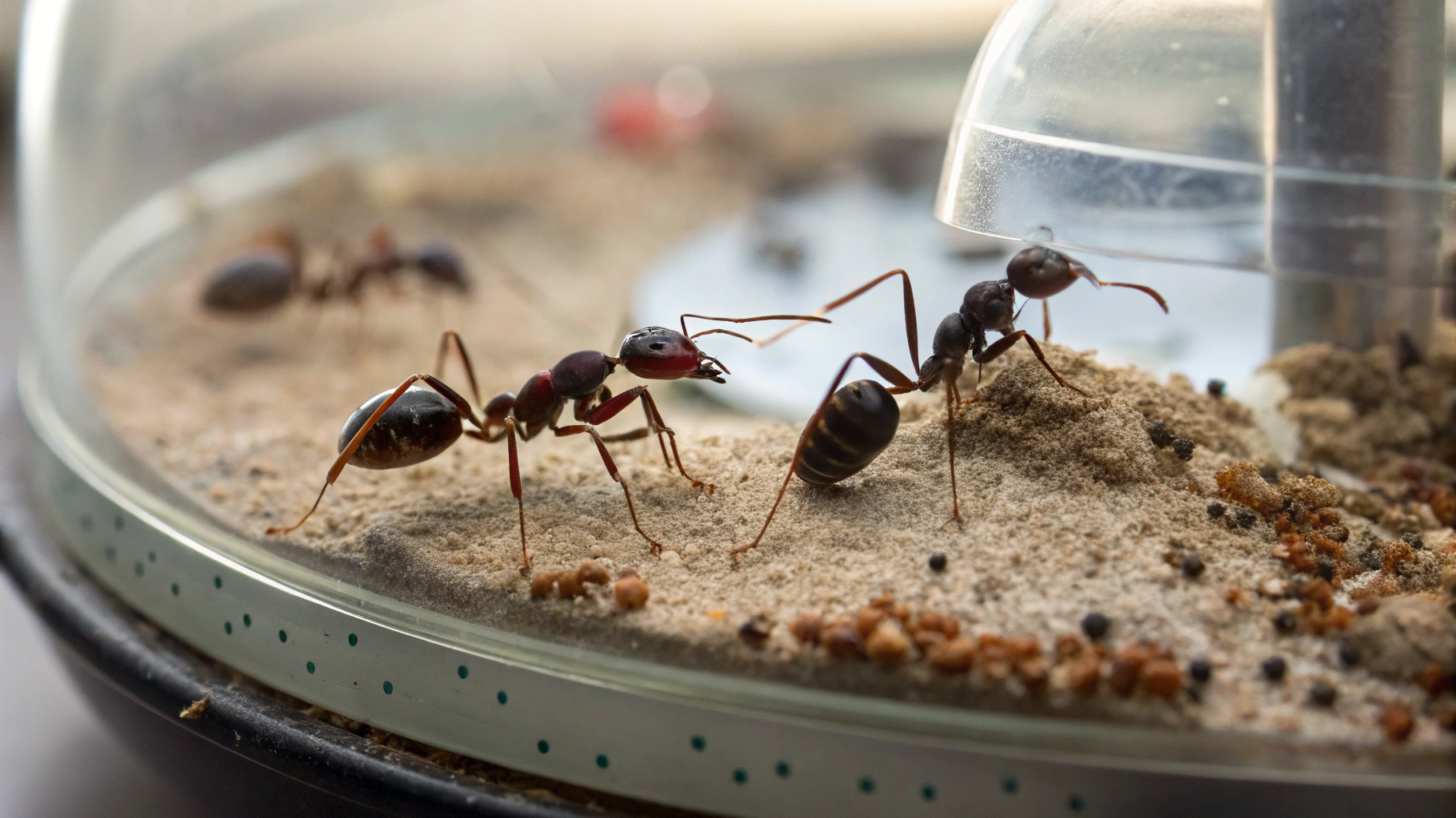 Close-up of ants trailing along a kitchen counter inside a home